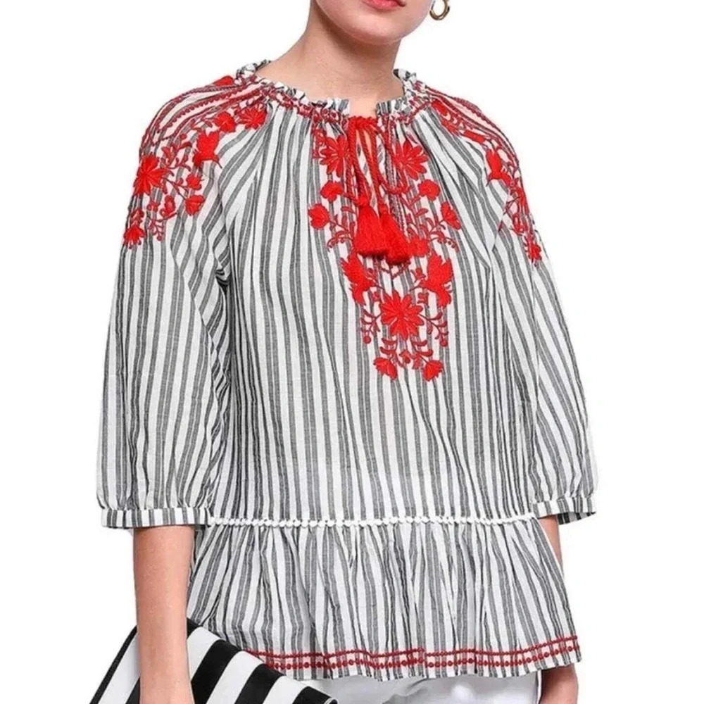 Kate Spade Broome Street Embroidered Peasant Blouse XS Striped Tassel Boho